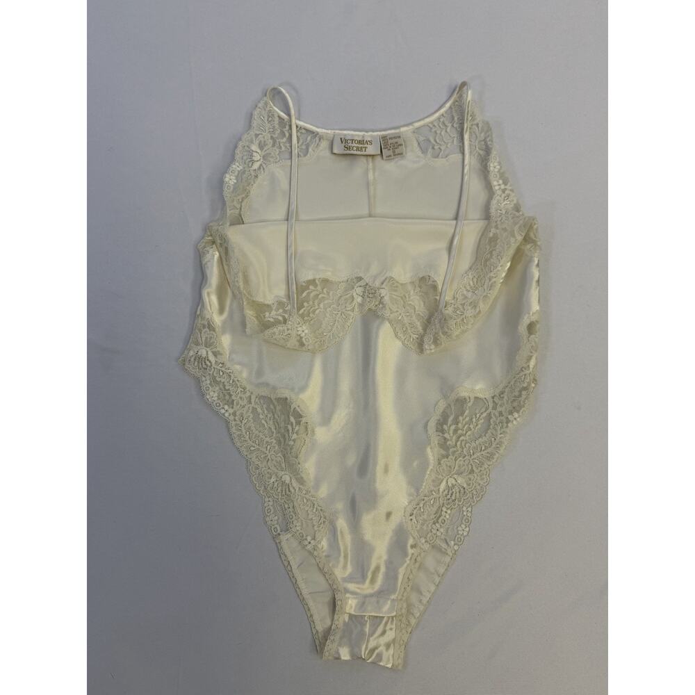 Vtg Victorias Secret Satin Lace Bodysuit Sz Small Ivory Teddy Gold Label 90s - Picture 12 of 16